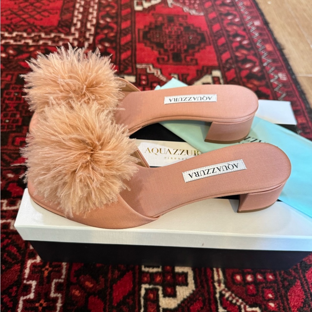 NEW NIB AQUAZZURA Boudoir 30mm Feather-trim Sandals In Rosa 37.5 - Picture 4 of 7